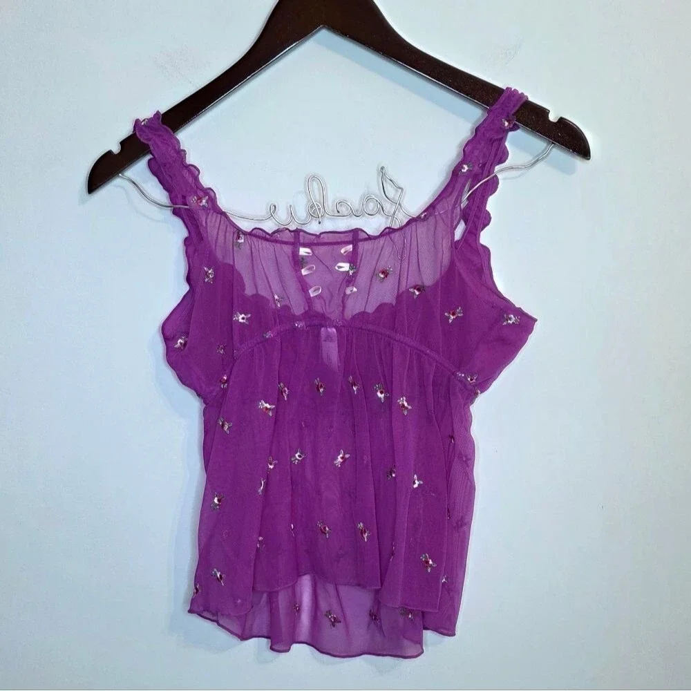 Victoria's Secret Sheer Fushia Purple Floral Lingerie Chemise Ruffle Size Medium